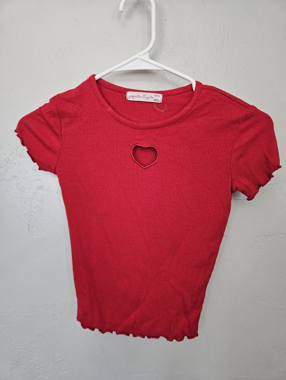 Red Ribbed Heart Cutout Girls Top Small 7/8 Short Sleeve T-Shirt Valentine Girly